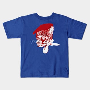 Ooo la la Cat with Beret, Red and White on Blue Kids T-Shirt